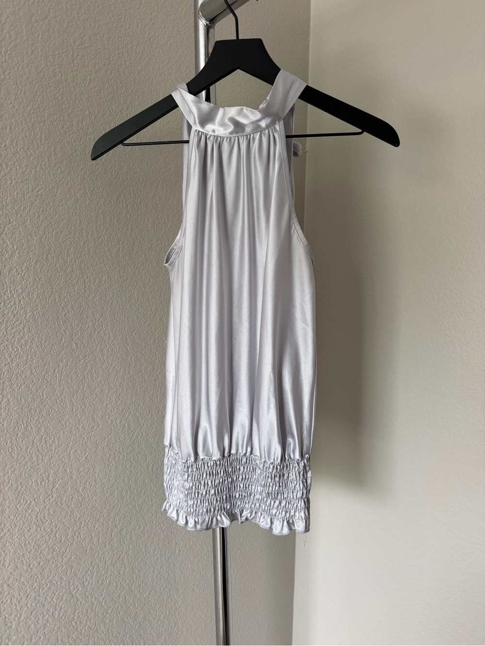 Silver Halter Tank Top with Smocked Hem